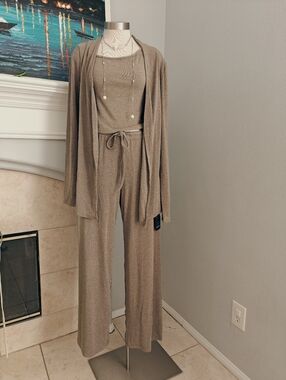 Taupe Knit 3-Piece Loungewear Set - Tank, Cardigan & Pants